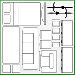 10x10 A top-down illustration of furniture: a bed with pillows, a rectangular rug, a three-seater sofa, and an armchair in the top left. To the right are a dresser, two small square tables, two tall multi-shelf cabinets, and a ceiling light.