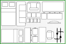 10x15 A top-down diagram illustrates various furniture shapes, including two beds, a sectional sofa, an armchair, four small square tables, two long consoles, a dresser with two nightstands, a rectangular table, an office chair, and two bicycles.