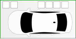10x20 An overhead view of a white car parked on a light gray surface with a green border. There are two white squares in front and three behind, likely marking sensor zones.