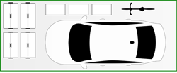 10x25 Illustration of an overhead garage layout. A white car is parked horizontally. To its left are four cabinets, and above it are three rectangular storage units. A bicycle is to the car's right.