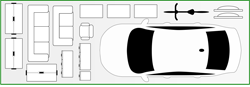 10x30 A top-down diagram displays a white car on the right, next to various white-outlined furniture items like sofas, cabinets, and tables on the left, all set against a light gray background with a green border, illustrating their relative sizes.
