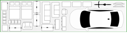 10x40 A top-down diagram displays a white car on the right, next to various white-outlined furniture items like sofas, cabinets, and tables on the left, all set against a light gray background with a green border, illustrating their relative sizes.