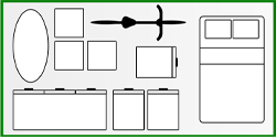 5x10 Top-down view of furniture: an oval, two squares, a long dresser, two small chests, a ceiling fan, a rectangular desk, and a bed with two pillows.