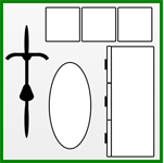 5x5 An illustration features white shapes with black outlines on a light gray background, bordered in green on the left. The shapes include three squares, a vertical propeller, an oval, and a vertical rectangle with three small horizontal lines on its left. The right half is solid black.