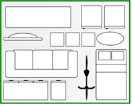 8x10 Illustration with top-down views of different furniture for floor planning, including a three-seater sofa, a bed with two pillows, a bicycle, a long rectangular rug or console, an oval coffee table, a half-oval table, several square tables or ottomans, and a long rectangular bench or ottoman.
