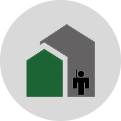 Icon of two stylized house shapes, one green and one gray, with a black stick figure holding a walkie-talkie inside the gray house, all within a light gray circle.
